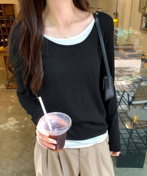 SallyLunn（サリーラン）の「レイヤード風 Uネックとろみカットソー（Tシャツ/カットソー・レディース・イエロー/ピンク/ライトグレー/グレー/ブラック・LARGE/MEDIUM）」の9枚目の写真