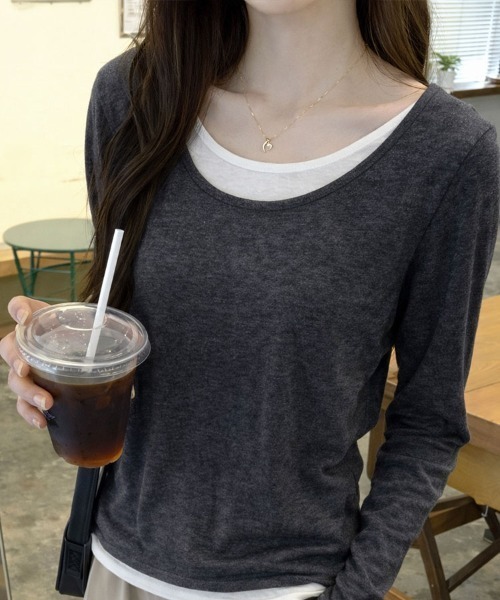 SallyLunn（サリーラン）の「レイヤード風 Uネックとろみカットソー（Tシャツ/カットソー・レディース・イエロー/ピンク/ライトグレー/グレー/ブラック・LARGE/MEDIUM）」の14枚目の写真