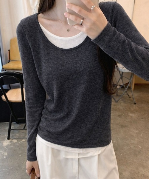 SallyLunn（サリーラン）の「レイヤード風 Uネックとろみカットソー（Tシャツ/カットソー・レディース・イエロー/ピンク/ライトグレー/グレー/ブラック・LARGE/MEDIUM）」の15枚目の写真