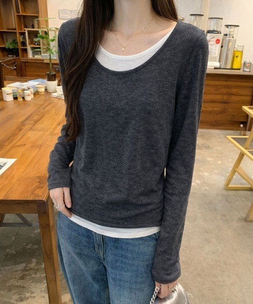 SallyLunn（サリーラン）の「レイヤード風 Uネックとろみカットソー（Tシャツ/カットソー・レディース・イエロー/ピンク/ライトグレー/グレー/ブラック・LARGE/MEDIUM）」の13枚目の写真