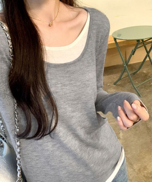 SallyLunn（サリーラン）の「レイヤード風 Uネックとろみカットソー（Tシャツ/カットソー・レディース・イエロー/ピンク/ライトグレー/グレー/ブラック・LARGE/MEDIUM）」の11枚目の写真