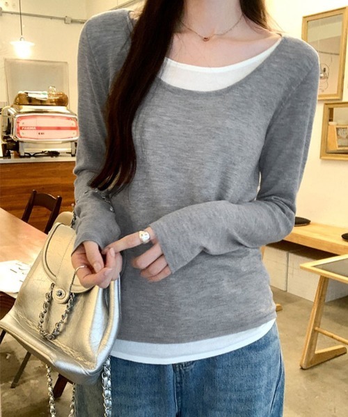 SallyLunn（サリーラン）の「レイヤード風 Uネックとろみカットソー（Tシャツ/カットソー・レディース・イエロー/ピンク/ライトグレー/グレー/ブラック・LARGE/MEDIUM）」の10枚目の写真
