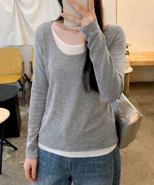 SallyLunn（サリーラン）の「レイヤード風 Uネックとろみカットソー（Tシャツ/カットソー・レディース・イエロー/ピンク/ライトグレー/グレー/ブラック・LARGE/MEDIUM）」の12枚目の写真