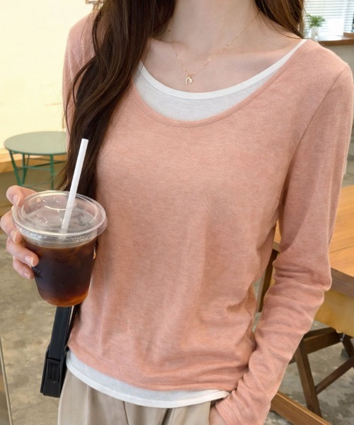 SallyLunn（サリーラン）の「レイヤード風 Uネックとろみカットソー（Tシャツ/カットソー・レディース・イエロー/ピンク/ライトグレー/グレー/ブラック・LARGE/MEDIUM）」の19枚目の写真