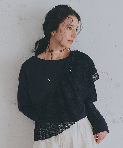 studio CLIP(スタディオクリップ)の「マルチWAY12ゲージレース付きプルオーバー(ニット/セーター・レディース・ネイビー/ホワイト/レッド・FREE)」の1枚目の写真