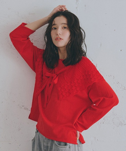 studio CLIP(スタディオクリップ)の「マルチWAY12ゲージレース付きプルオーバー(ニット/セーター・レディース・ネイビー/ホワイト/レッド・FREE)」の3枚目の写真