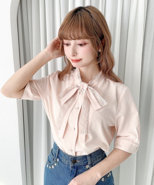 F i.n.t（フィント）の「レースレイヤードボウタイ5分袖ブラウス/fint フィント（シャツ/ブラウス・レディース・ライトピンク/オフホワイト・FREE）」の2枚目の写真