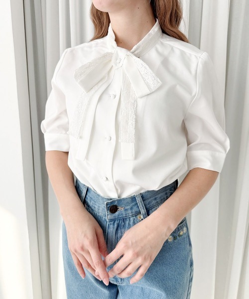 F i.n.t（フィント）の「レースレイヤードボウタイ5分袖ブラウス/fint フィント（シャツ/ブラウス・レディース・ライトピンク/オフホワイト・FREE）」の4枚目の写真