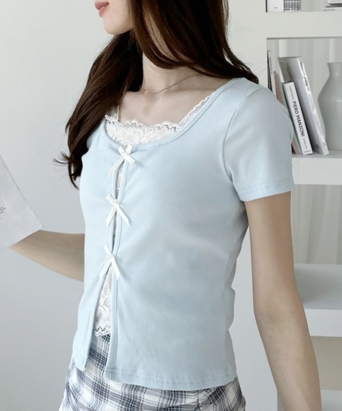 Ada.（エイダ）の「レースレイヤード フロントリボン 付カットソー（Tシャツ/カットソー・レディース・ブルー/グレー/ホワイト/ブラック・FREE）」の21枚目の写真