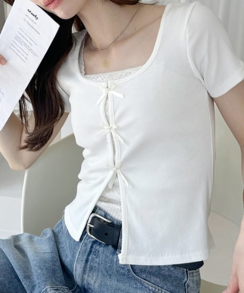 Ada.（エイダ）の「レースレイヤード フロントリボン 付カットソー（Tシャツ/カットソー・レディース・ブルー/グレー/ホワイト/ブラック・FREE）」の6枚目の写真