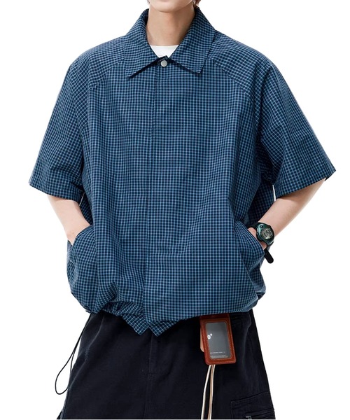 JOHNNY WOLF（ジョニーウルフ）の「LUKE ドローコード 2WAY オーバーサイズ チェック シャツブルゾン（シャツ/ブラウス・メンズ・ブルー/ホワイト/ブラック/ネイビー・M/L）」の9枚目の写真