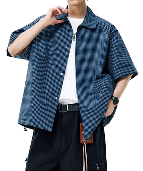 JOHNNY WOLF（ジョニーウルフ）の「LUKE ドローコード 2WAY オーバーサイズ チェック シャツブルゾン（シャツ/ブラウス・メンズ・ブルー/ホワイト/ブラック/ネイビー・M/L）」の10枚目の写真