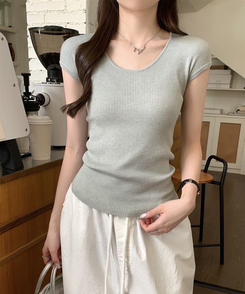 LAFFMO(ラフモ)の「フレンチスリーブリブニット(ニット/セーター・レディース・グリーン/ホワイト・F)」の16枚目の写真
