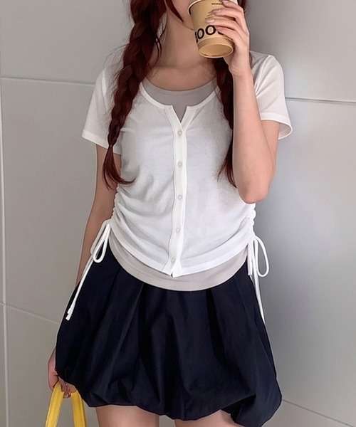 SpRay(スプレイ)の「フェイクレイヤードバイカラーショートスリーブトップス(Tシャツ/カットソー・レディース・オフホワイト/ミント/イエロー/ブラック/アイボリー・FREE)」の2枚目の写真