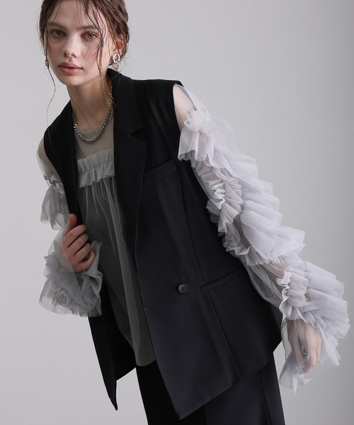 袖あり&ミモレ丈 3点セット結婚式 オケージョンドレス パーティー ドレス ミモレ丈&袖あり フォーマル シアー チュール レイヤード ジレ 3点