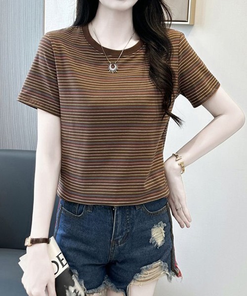 mielu(ミエル)の「マルチボーダーコンパクトTシャツ(Tシャツ/カットソー・レディース・ブラウン・LARGE/MEDIUM)」の1枚目の写真