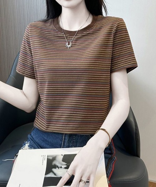 mielu(ミエル)の「マルチボーダーコンパクトTシャツ(Tシャツ/カットソー・レディース・ブラウン・LARGE/MEDIUM)」の3枚目の写真