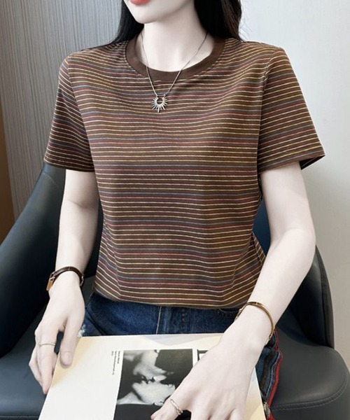 mielu(ミエル)の「マルチボーダーコンパクトTシャツ(Tシャツ/カットソー・レディース・ブラウン・LARGE/MEDIUM)」の4枚目の写真