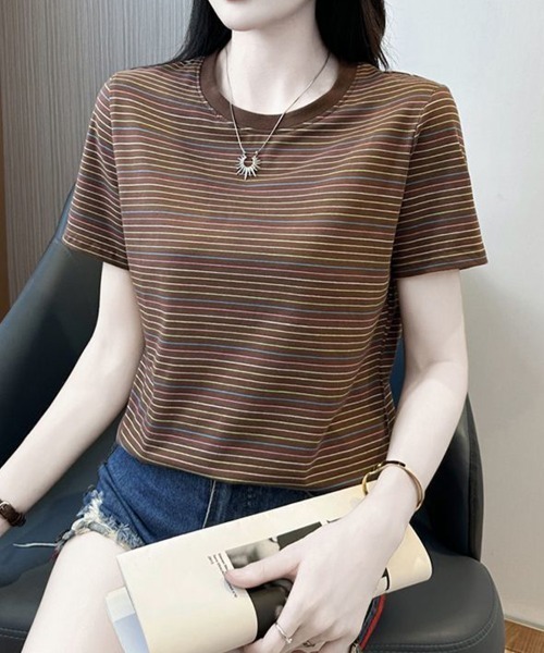 mielu(ミエル)の「マルチボーダーコンパクトTシャツ(Tシャツ/カットソー・レディース・ブラウン・LARGE/MEDIUM)」の5枚目の写真