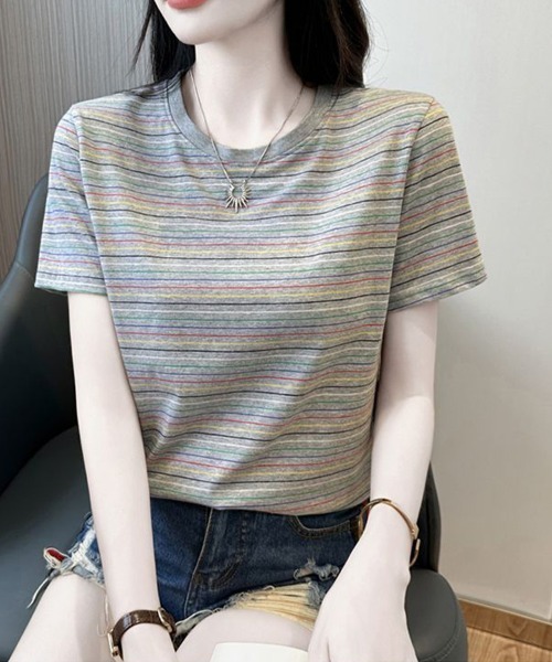mielu(ミエル)の「マルチボーダーコンパクトTシャツ(Tシャツ/カットソー・レディース・ブラウン・LARGE/MEDIUM)」の6枚目の写真