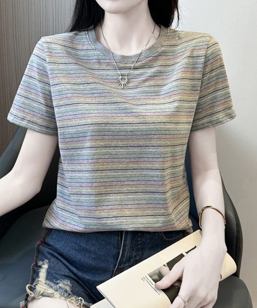 mielu(ミエル)の「マルチボーダーコンパクトTシャツ(Tシャツ/カットソー・レディース・ブラウン・LARGE/MEDIUM)」の7枚目の写真