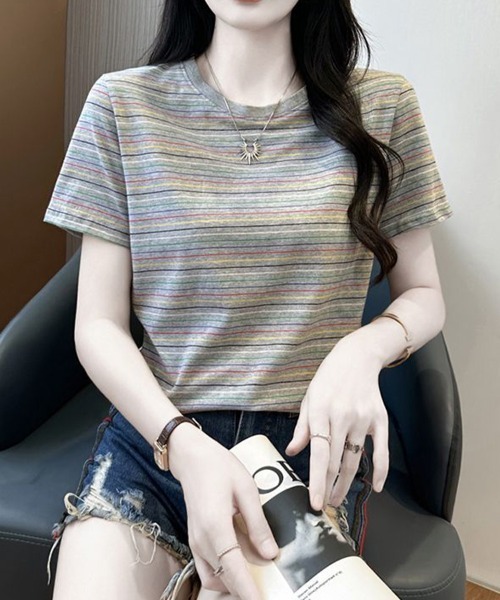 mielu(ミエル)の「マルチボーダーコンパクトTシャツ(Tシャツ/カットソー・レディース・ブラウン・LARGE/MEDIUM)」の8枚目の写真