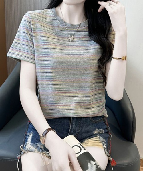 mielu(ミエル)の「マルチボーダーコンパクトTシャツ(Tシャツ/カットソー・レディース・ブラウン・LARGE/MEDIUM)」の9枚目の写真