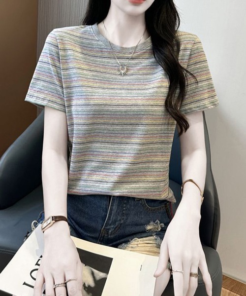 mielu(ミエル)の「マルチボーダーコンパクトTシャツ(Tシャツ/カットソー・レディース・ブラウン・LARGE/MEDIUM)」の10枚目の写真