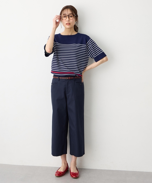 Petit Honfleur(プチオンフルール)の「ボーダー半袖サマーニット【UVカット・接触冷感】(ニット/セーター・レディース・グリーン/ネイビー/パープル・M/L)」の7枚目の写真