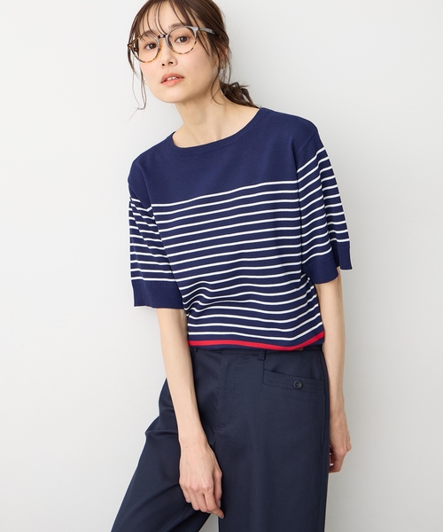 Petit Honfleur(プチオンフルール)の「ボーダー半袖サマーニット【UVカット・接触冷感】(ニット/セーター・レディース・グリーン/ネイビー/パープル・M/L)」の3枚目の写真
