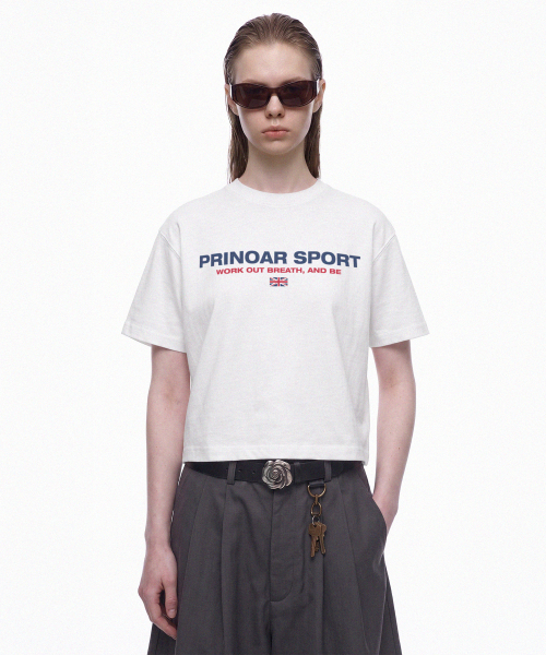 PRINOAR（プリノア）の「スポーツセミクロップ半袖Tシャツ - ホワイト（Tシャツ/カットソー・レディース・ホワイト・SMALL/MEDIUM/LARGE）」の2枚目の写真