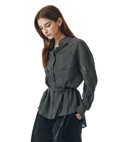 SECONDMONO（セカンドモノローグ）の「Sheer Side Tuck Oversized Fit Check Shirt [BLACK]_SEWSH008BLACK（シャツ/ブラウス・レディース・その他・F）」の4枚目の写真