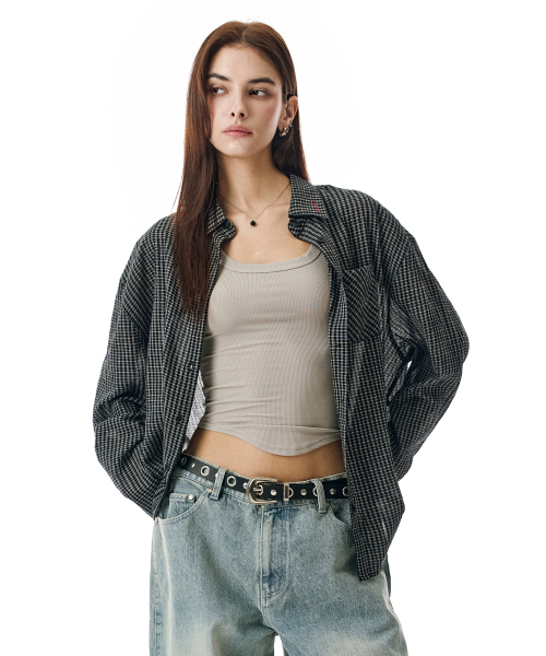 SECONDMONO（セカンドモノローグ）の「Sheer Side Tuck Oversized Fit Check Shirt [BLACK]_SEWSH008BLACK（シャツ/ブラウス・レディース・その他・F）」の6枚目の写真