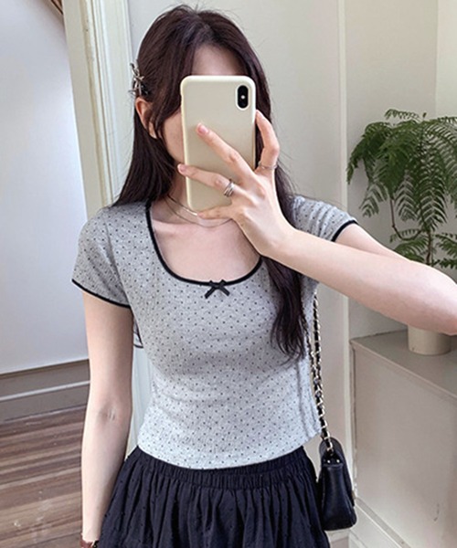 lulufa(ルルファ)の「リボン付き ドット柄Tシャツ 配色パイピング/韓国ガーリースタイル(Tシャツ/カットソー・レディース・アイボリー/グレー・LARGE/MEDIUM)」の2枚目の写真