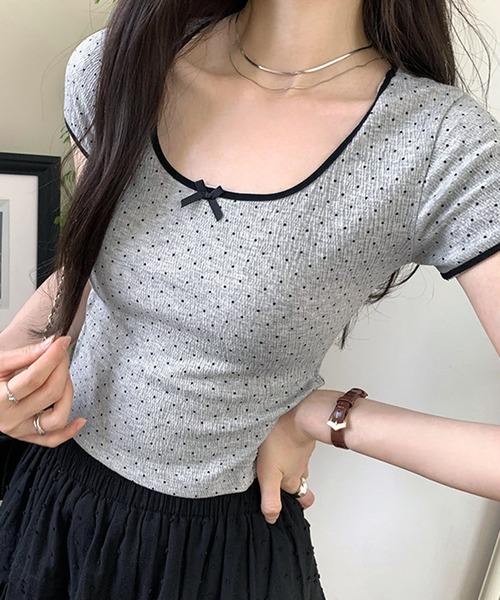 lulufa(ルルファ)の「リボン付き ドット柄Tシャツ 配色パイピング/韓国ガーリースタイル(Tシャツ/カットソー・レディース・アイボリー/グレー・LARGE/MEDIUM)」の6枚目の写真