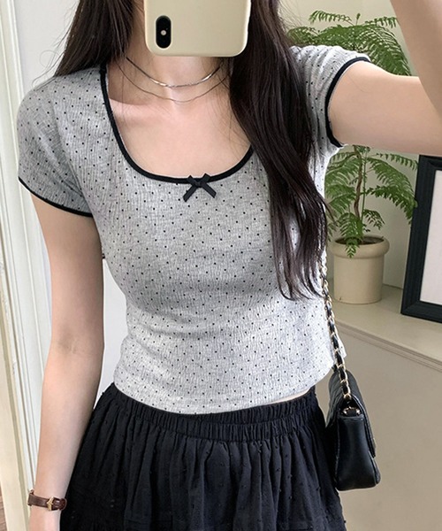 lulufa(ルルファ)の「リボン付き ドット柄Tシャツ 配色パイピング/韓国ガーリースタイル(Tシャツ/カットソー・レディース・アイボリー/グレー・LARGE/MEDIUM)」の3枚目の写真
