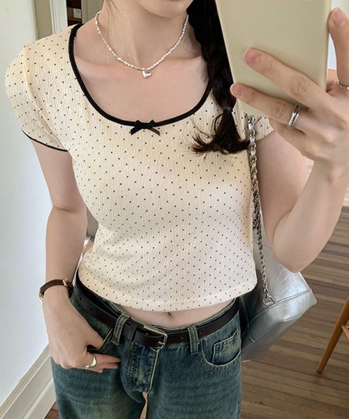 lulufa(ルルファ)の「リボン付き ドット柄Tシャツ 配色パイピング/韓国ガーリースタイル(Tシャツ/カットソー・レディース・アイボリー/グレー・LARGE/MEDIUM)」の7枚目の写真