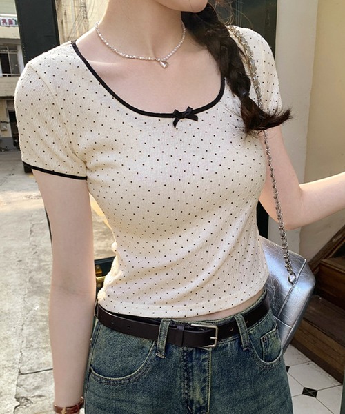 lulufa(ルルファ)の「リボン付き ドット柄Tシャツ 配色パイピング/韓国ガーリースタイル(Tシャツ/カットソー・レディース・アイボリー/グレー・LARGE/MEDIUM)」の8枚目の写真