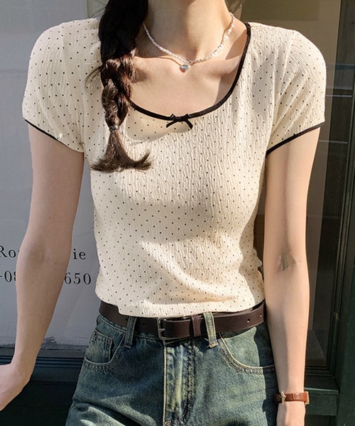 lulufa(ルルファ)の「リボン付き ドット柄Tシャツ 配色パイピング/韓国ガーリースタイル(Tシャツ/カットソー・レディース・アイボリー/グレー・LARGE/MEDIUM)」の10枚目の写真
