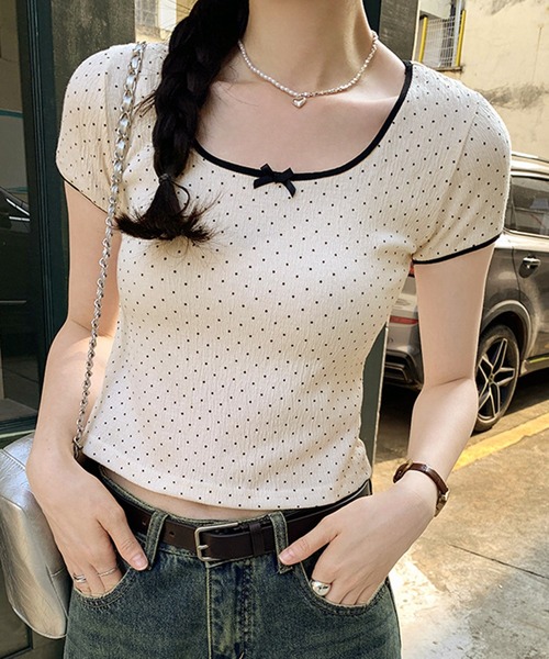 lulufa(ルルファ)の「リボン付き ドット柄Tシャツ 配色パイピング/韓国ガーリースタイル(Tシャツ/カットソー・レディース・アイボリー/グレー・LARGE/MEDIUM)」の9枚目の写真