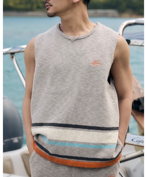 #Re:room(リルーム)の「マルチカラースラブニットノースリーブ(Tシャツ/カットソー・メンズ・ベージュ/ライトブラック・MEDIUM/SMALL)」の1枚目の写真