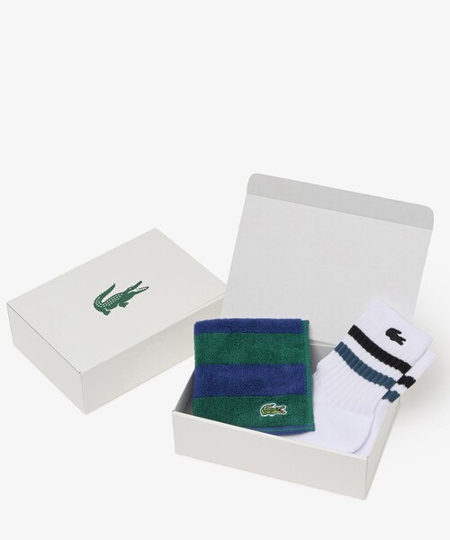 LACOSTE(ラコステ)の「【EC限定ギフトbox付き】ボーダータオルハンカチ&ラインリブショートソックスセット(ソックス/靴下・メンズ・グリーン/ベージュ・27.0cm)」の2枚目の写真