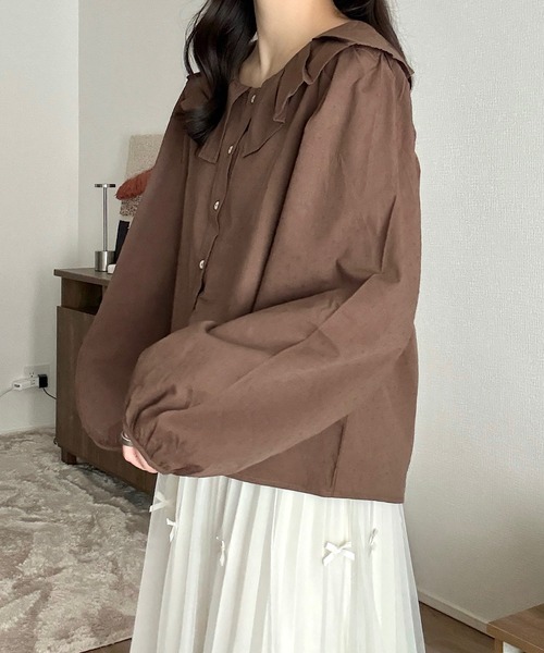 Cham.（チャム）の「フリルカラーブラウス（シャツ/ブラウス・レディース・ブラウン/ホワイト・FREE）」の8枚目の写真