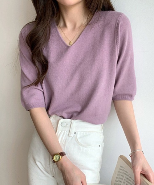 L LABEL(エルラベル)の「Vネックニットトップ(Tシャツ/カットソー・レディース・グリーン/ブラック/パープル/ブルー/ホワイト・FREE)」の5枚目の写真