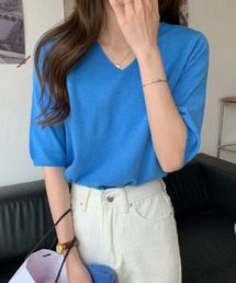 L LABEL（エルラベル）の「Vネックニットトップ（Tシャツ/カットソー）」
