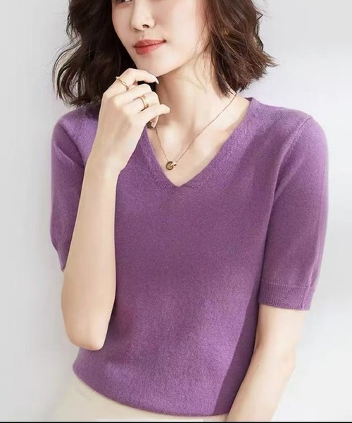 L LABEL(エルラベル)の「Vネックニットトップ(Tシャツ/カットソー・レディース・グリーン/ブラック/パープル/ブルー/ホワイト・FREE)」の18枚目の写真