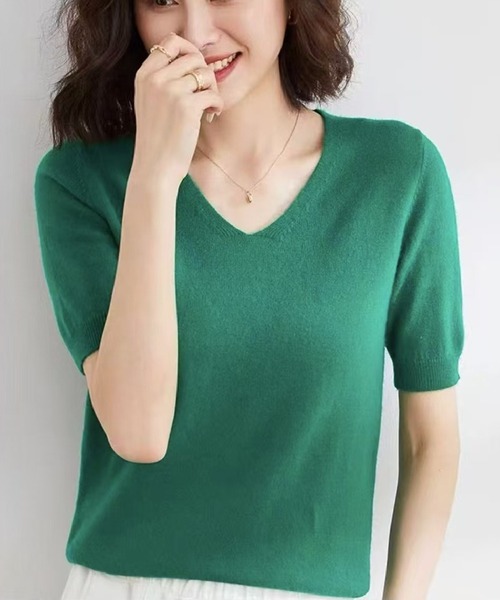 L LABEL(エルラベル)の「Vネックニットトップ(Tシャツ/カットソー・レディース・グリーン/ブラック/パープル/ブルー/ホワイト・FREE)」の10枚目の写真