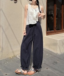 センター切り替えドット柄裾フリルパンツ