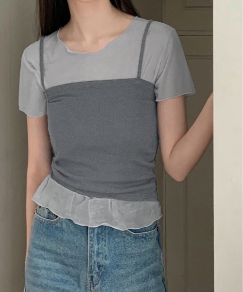kirakiraShop(キラキラショップ)の「【2点セット】キャミソール付き シアー 半袖 トップス(Tシャツ/カットソー・レディース・ブラック/ホワイト/グレー・FREE)」の3枚目の写真