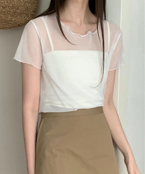 kirakiraShop(キラキラショップ)の「【2点セット】キャミソール付き シアー 半袖 トップス(Tシャツ/カットソー・レディース・ブラック/ホワイト/グレー・FREE)」の2枚目の写真